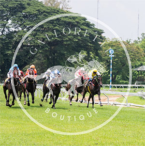 Horses racing with Gallorette boutique logo over top